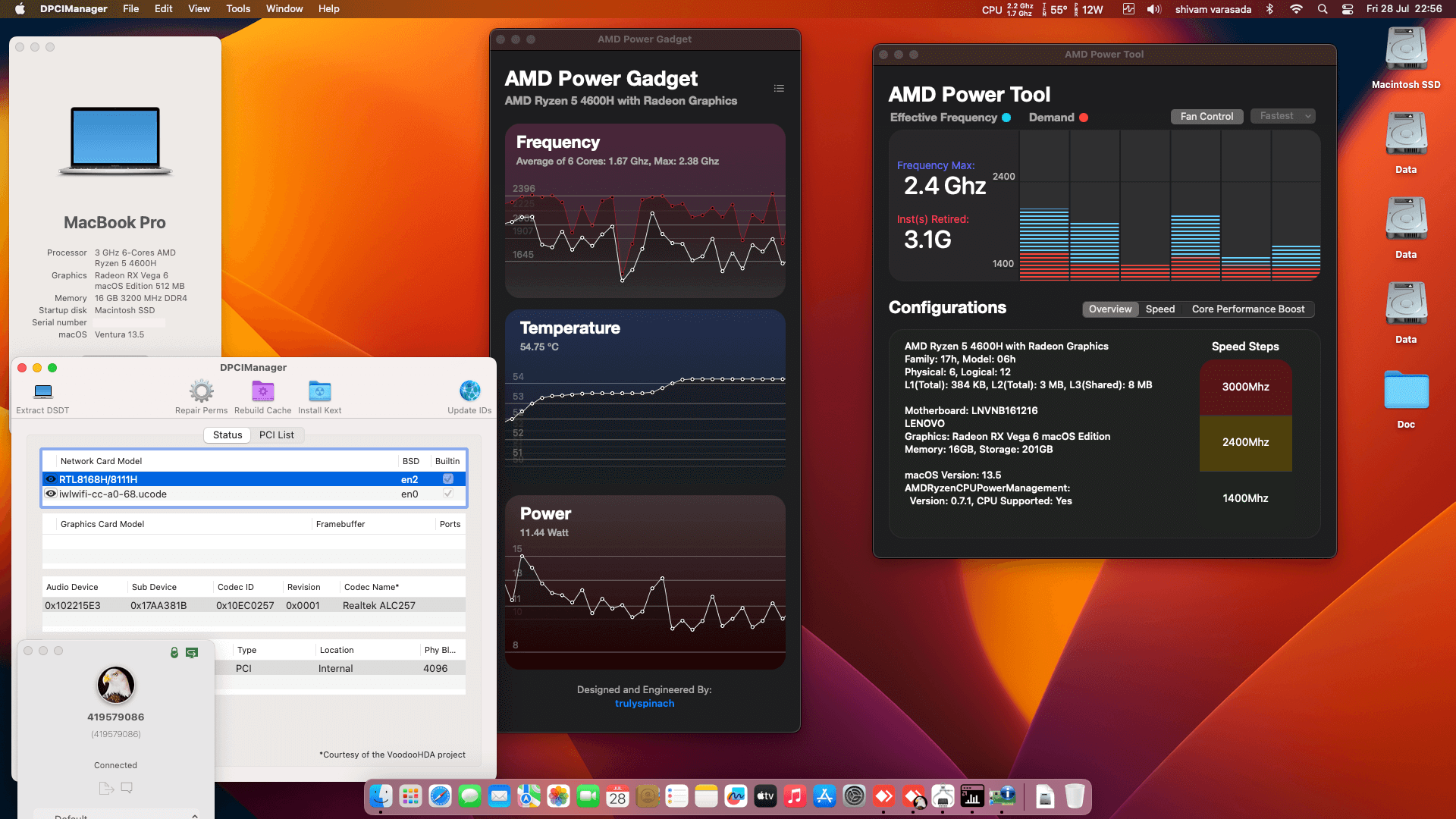 Success Hackintosh macOS Ventura 13.5 Build 22G74 in Lenovo Legion 5 15ARH05a